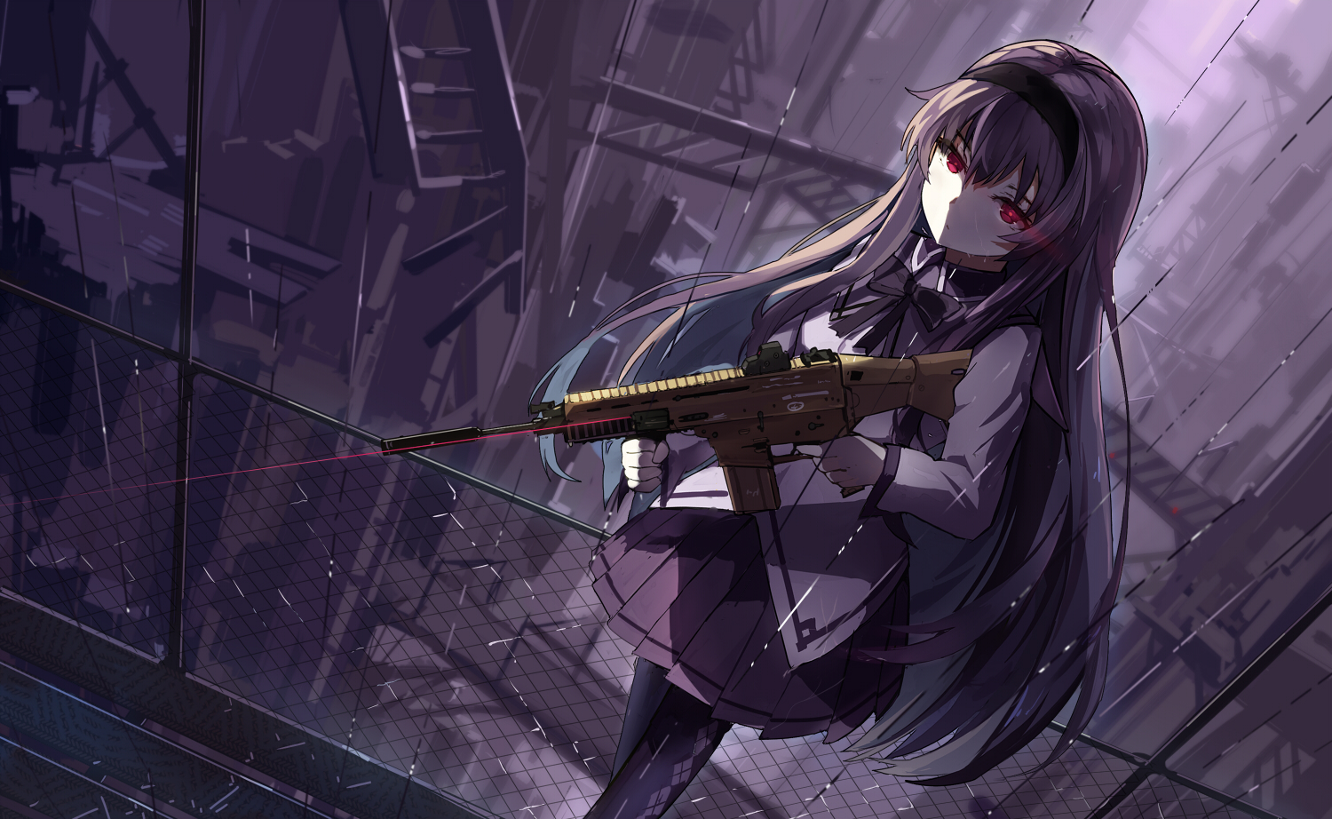 akemi_homura, bow, gun, haraguroi_you, headband, long_hair, mahou_shoujo_madoka_magica, pantyhose, polychromatic, rain, red_eyes, skirt, water, weapon