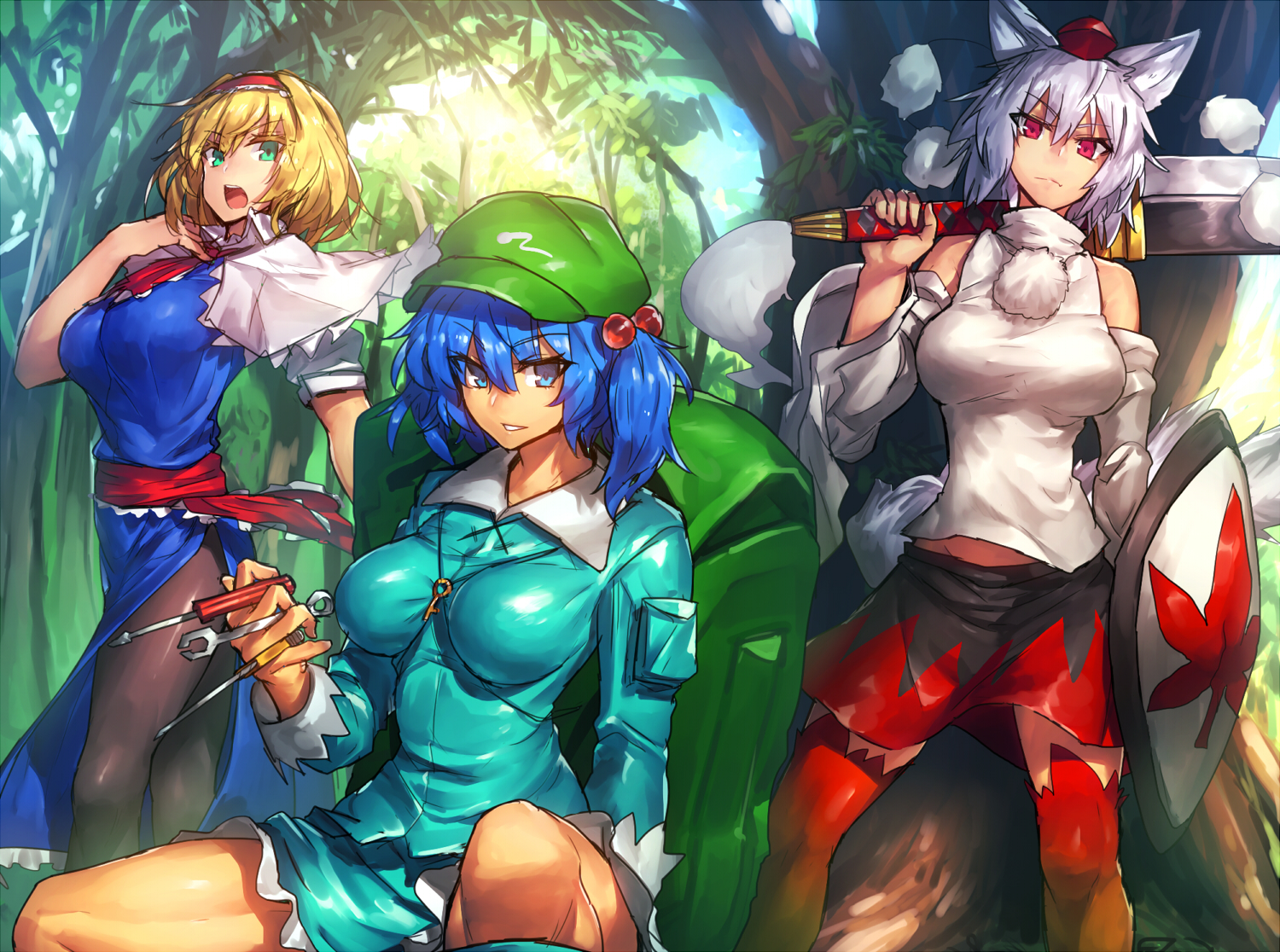 alice_margatroid, animal_ears, aqua_eyes, blonde_hair, blue_hair, breasts, hat, headband, inubashiri_momiji, kawashiro_nitori, pantyhose, ponytail, red_eyes, short_hair, skirt, sword, tail, temmasa22, thighhighs, touhou, weapon, white_hair, wolfgirl
