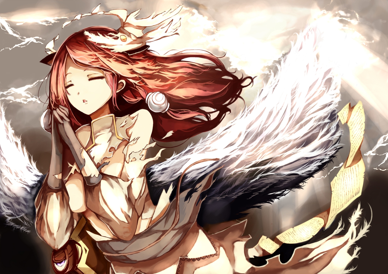blazblue, brown_hair, long_hair, paper, tsubaki_yayoi, venomrobo, wings