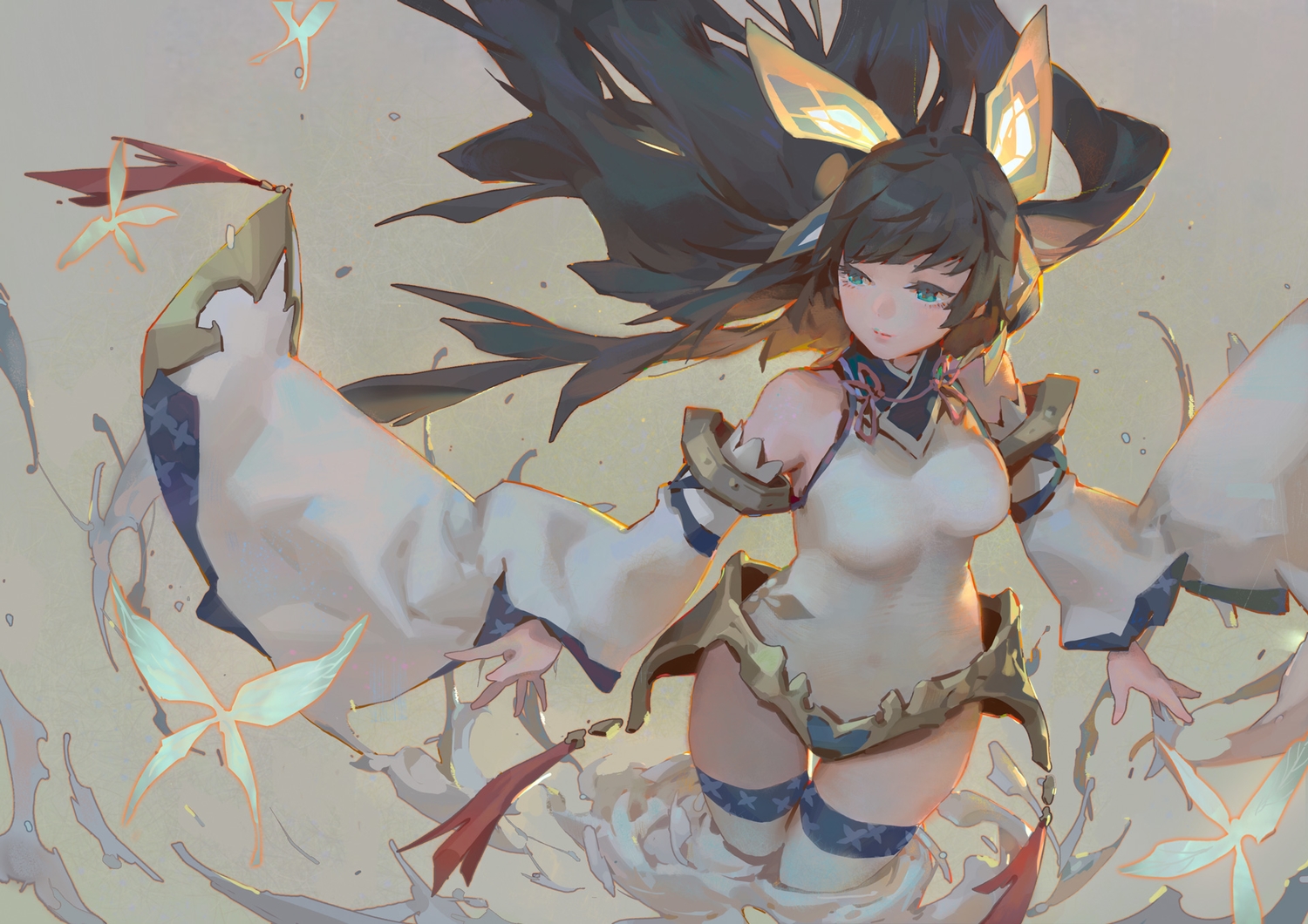 aqua_eyes, black_hair, butterfly, krenz, long_hair, sangai_senki, thighhighs