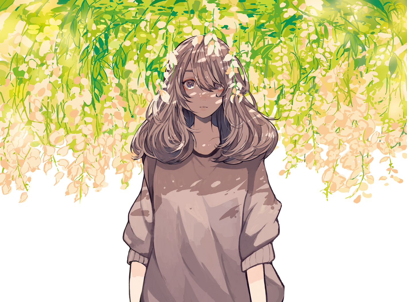 brown_eyes, brown_hair, flowers, leaves, long_hair, nanakawa_(nanasoon), original, shade