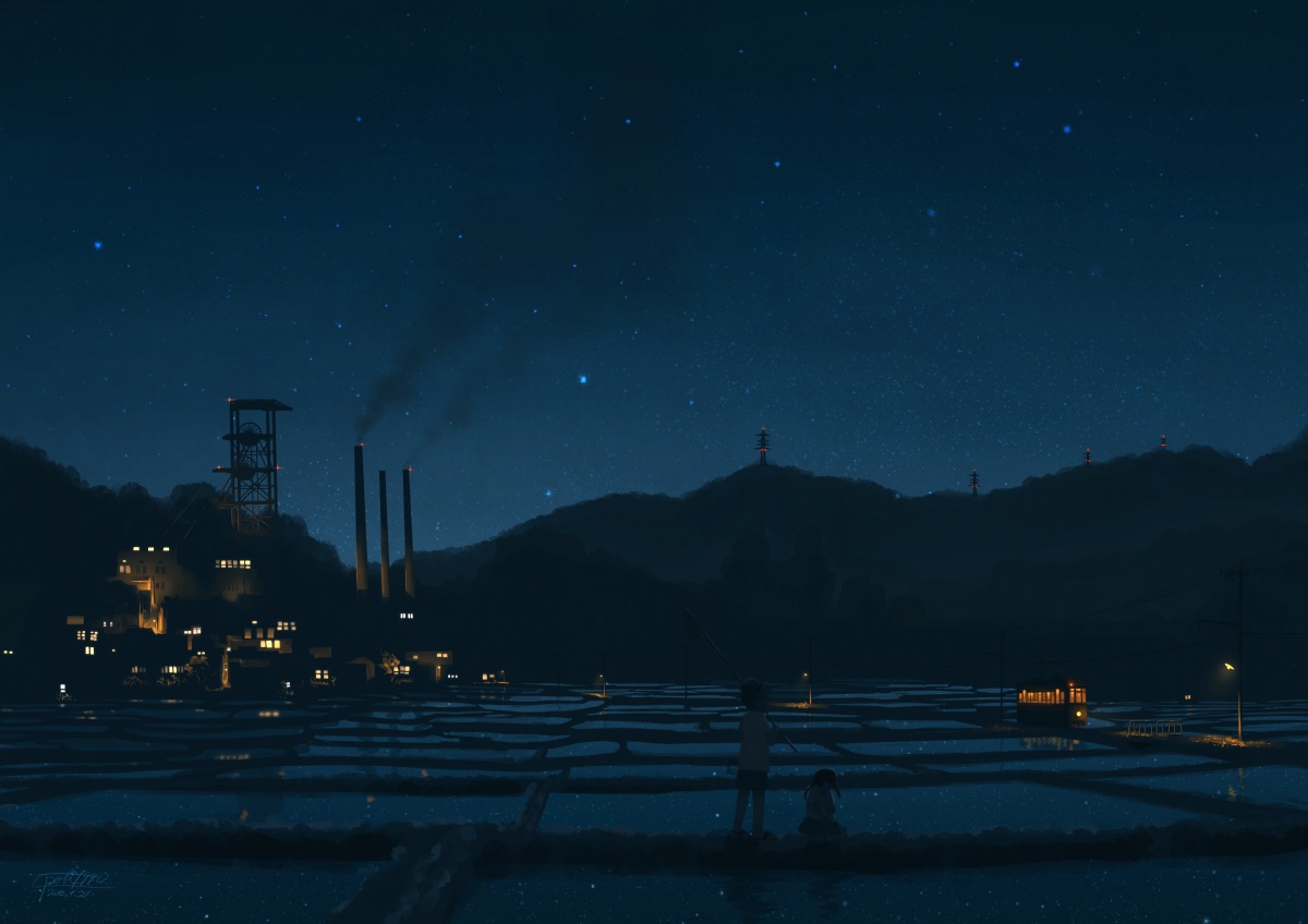 dark, industrial, male, night, original, pochi_(poti1990), scenic, sky