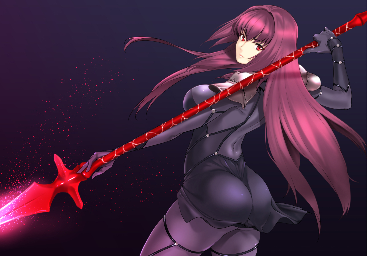 armor, ass, bodysuit, fate/grand_order, fate_(series), jyura, long_hair, purple_hair, red_eyes, scathach_(fate/grand_order), skintight, spear, weapon