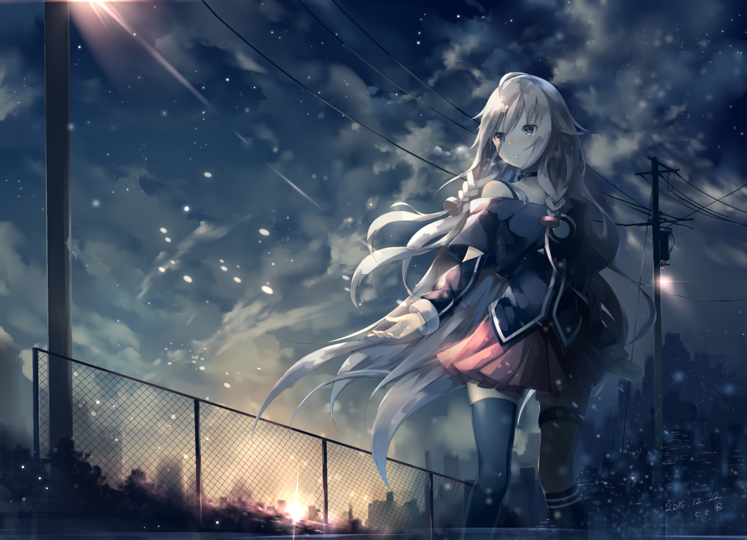 aliasing, braids, building, c.c.r_(ccrgaoooo), choker, city, garter, ia, kneehighs, long_hair, night, signed, skirt, thighhighs, twintails, vocaloid