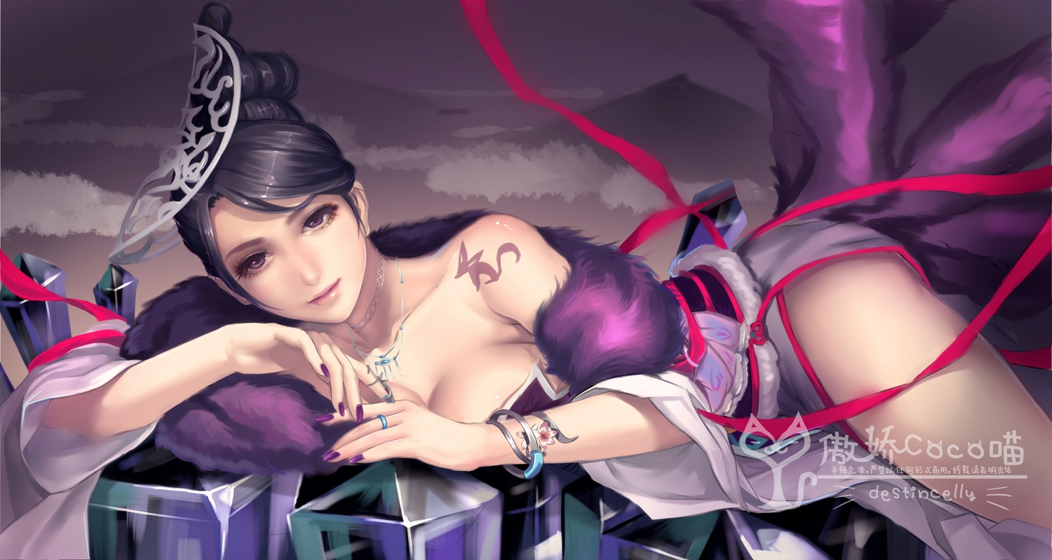 black_hair, breasts, brown_eyes, cleavage, destincelly, headdress, necklace, original, realistic, tattoo, watermark, wristwear
