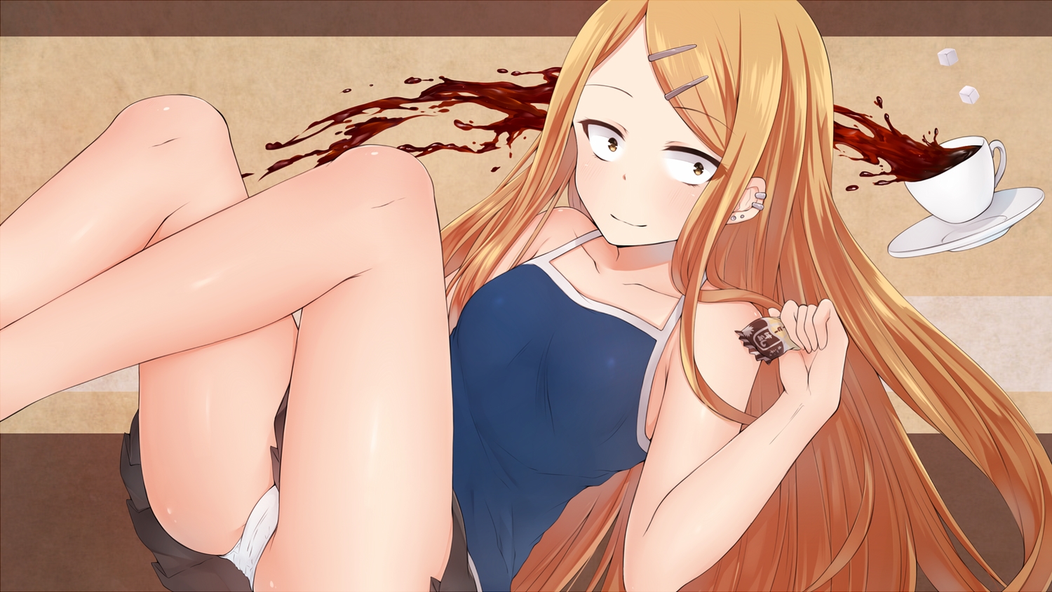 blonde_hair, dagashi_kashi, drink, endou_saya_(dagashi_kashi), hoshimiya_aki, long_hair, panties, underwear