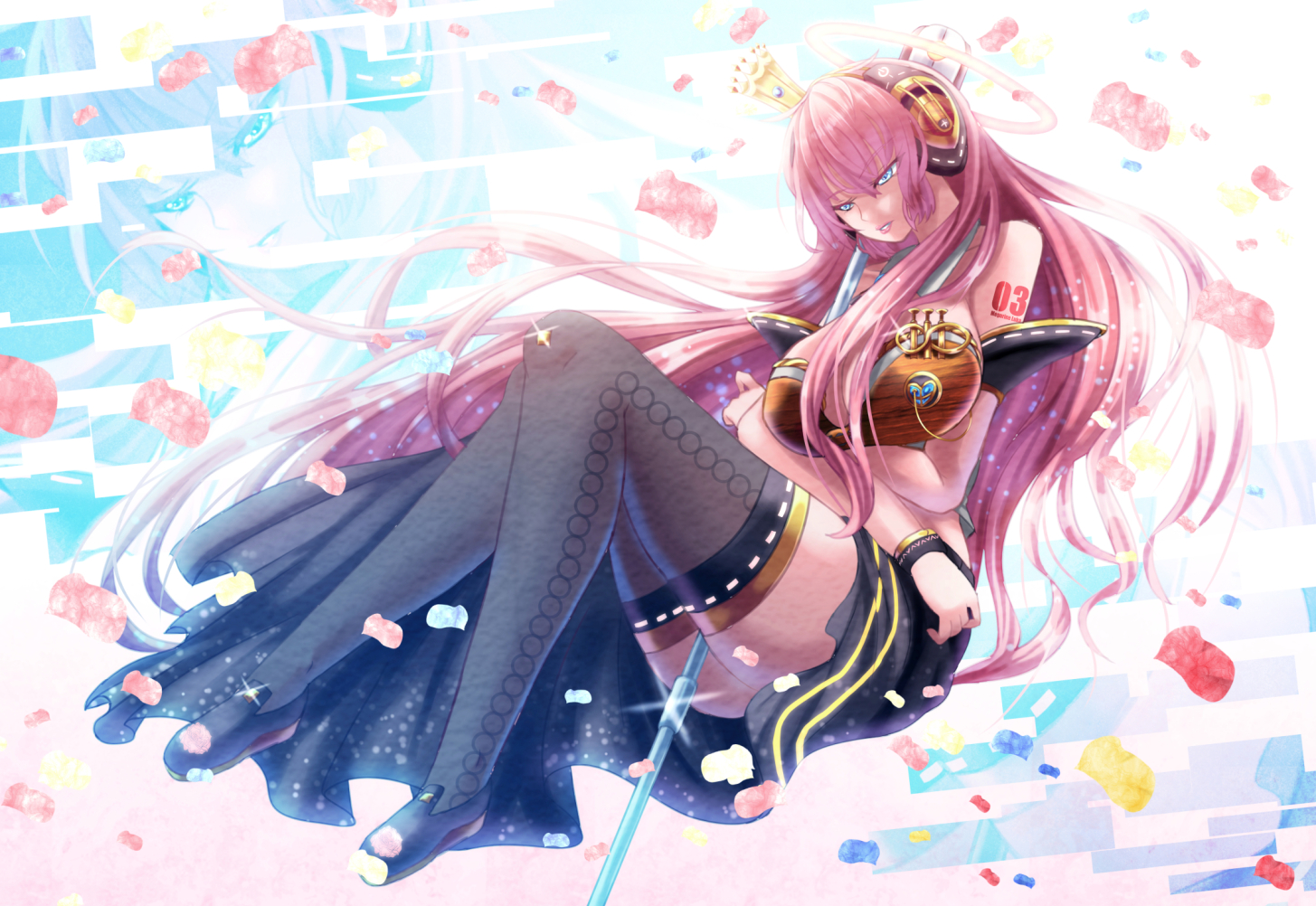 fuyuki_jun, headphones, long_hair, megurine_luka, pink_hair, thighhighs, vocaloid, wristwear