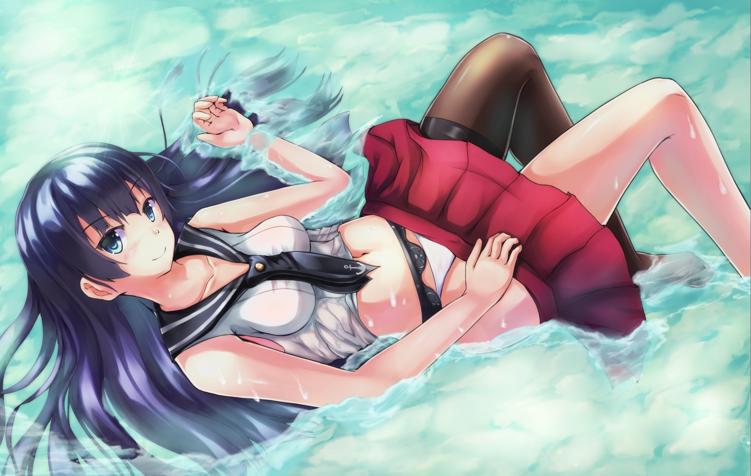 agano_(kancolle), anthropomorphism, black_hair, blue_eyes, kantai_collection, navel, panties, skirt, underwear, wasd, wet