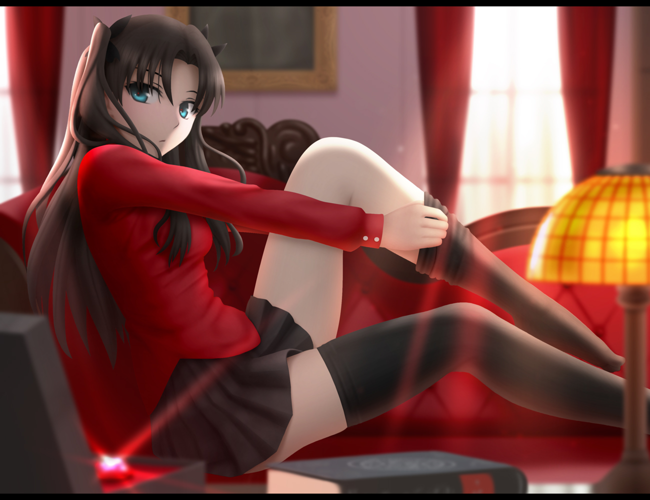 aqua_eyes, book, brown_hair, couch, dressing, fate_(series), fate/stay_night, long_hair