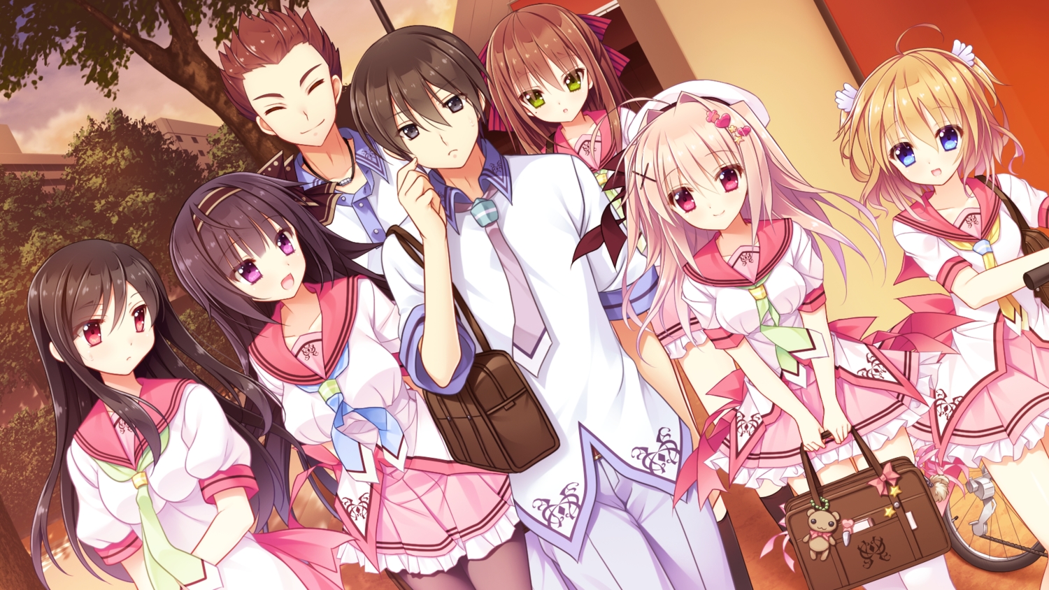 aliasing, applique, black_hair, blonde_hair, blue_eyes, brown_hair, game_cg, gray_eyes, green_eyes, group, headband, jinguu_misaki, male, mizuno_koharu, odawara_hakone, pantyhose, purple_eyes, red_eyes, sawamura_yui, school_uniform, shiwasu_horio, skirt, tagme_(character), thighhighs, toki_wo_tsumugu_yakusoku, usui_honoka, white_hair