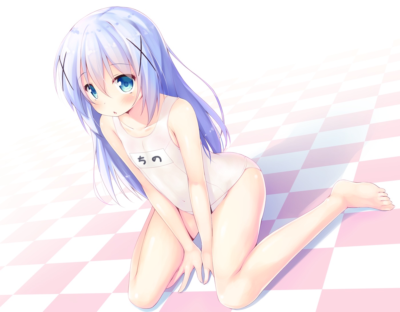 barefoot, blue_eyes, blue_hair, flat_chest, gochuumon_wa_usagi_desu_ka?, kafuu_chino, loli, long_hair, masaki_kei, school_swimsuit, swimsuit