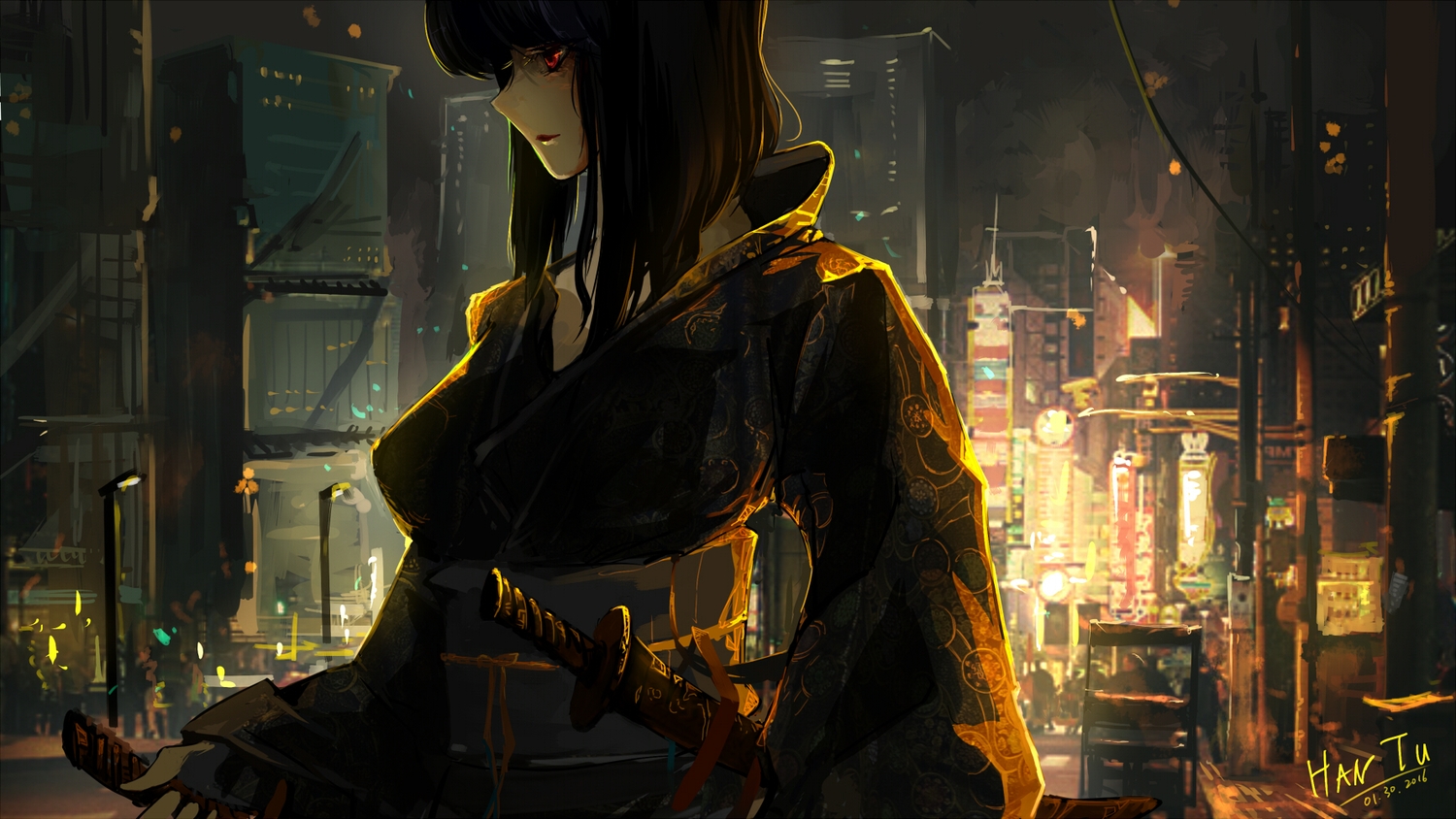 black_hair, building, city, ghost_in_the_shell, japanese_clothes, katana, kimono, kusanagi_motoko