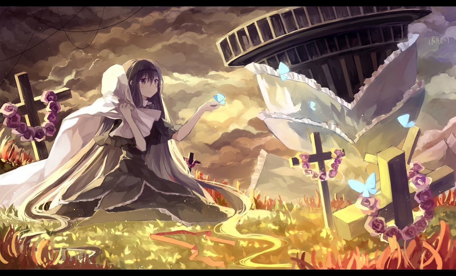 akemi_homura, butterfly, clouds, cross, dress, flowers, gothic, grass
