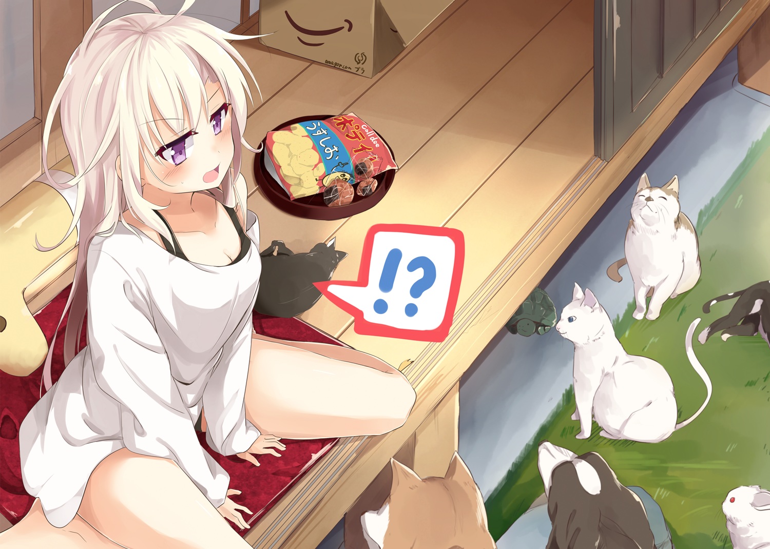animal, blush, cat, dog, food, long_hair, mizuki-chan_(sasahara_wakaba), original