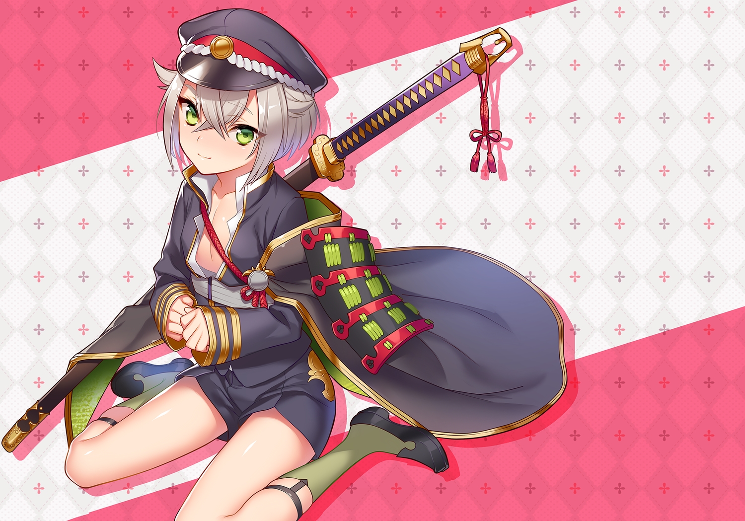 all_male, anthropomorphism, cape, garter, gray_hair, green_eyes, hat, hotarumaru