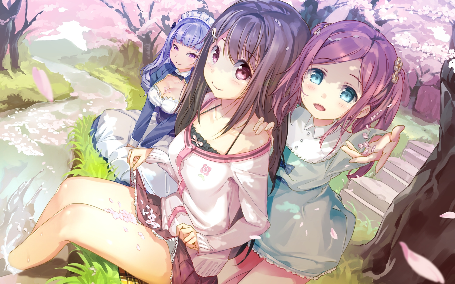 blush, bow, breasts, brown_hair, cherry_blossoms, chiyoda_momoka, cleavage, cube, flowers, headdress, koi_suru_kanojo_no_bukiyou_na_butai, kokonoe_maria, maid, petals, skirt, skirt_lift, souji_hougu, togawa_mayuu, tree, water