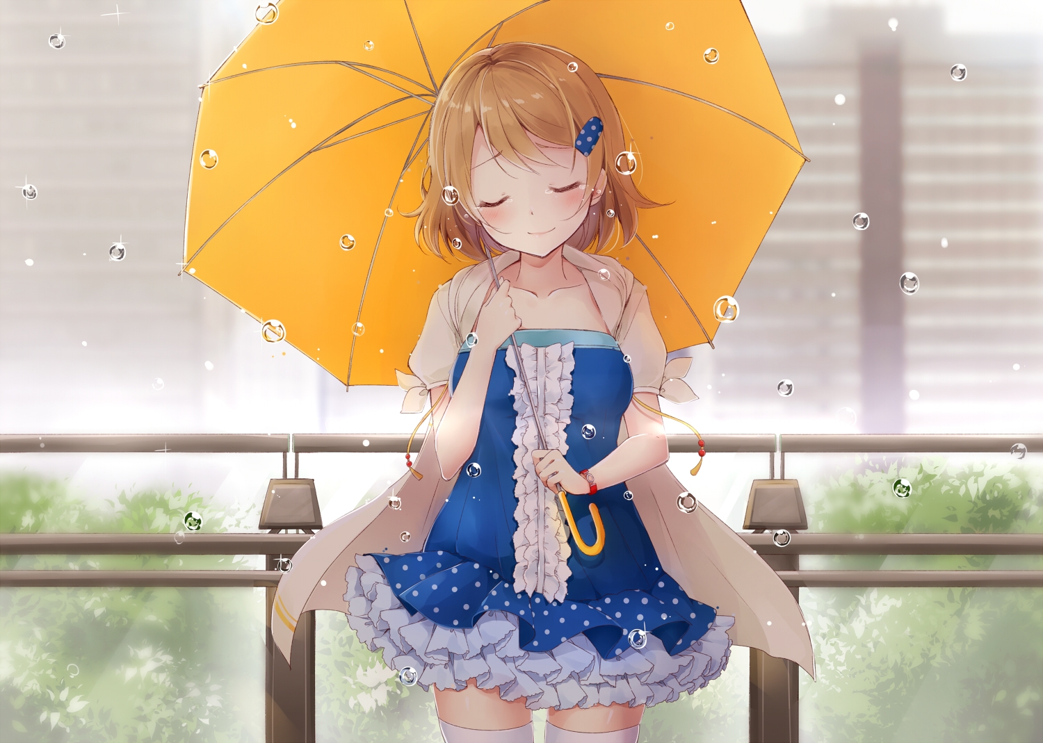 blush, brown_hair, dress, hazuki_natsu, hood, koizumi_hanayo, love_live!_school_idol_project, rain
