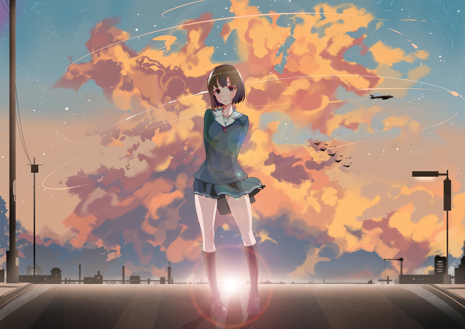 clouds, katou_megumi, lucky_(1045044604), saenai_heroine_no_sodatekata, school_uniform, skirt, sky, sunset