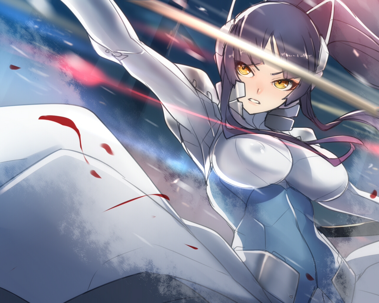 ban, black_hair, blood, bodysuit, breasts, erect_nipples, gijou_mitsumi, ponytail, purple_hair, skintight, sword, tokyo_necro, weapon, yellow_eyes