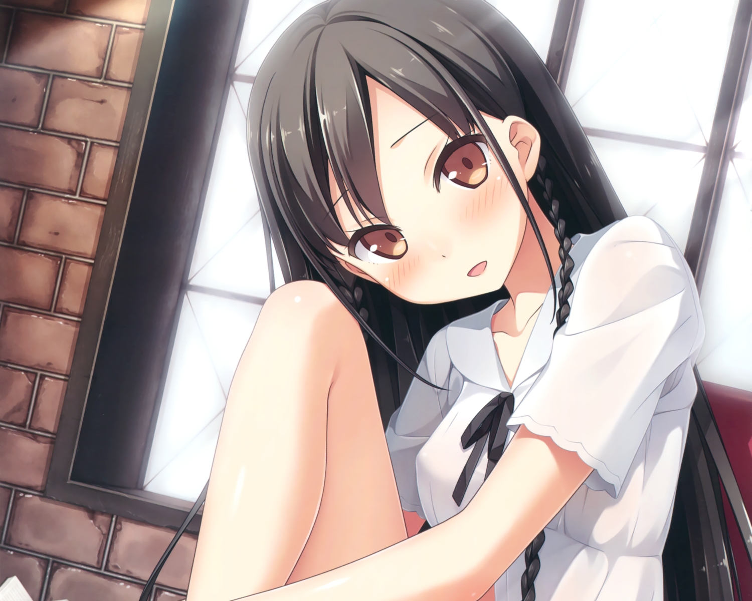 black_hair, blush, braids, brown_eyes, close, cropped, cube, erect_nipples, kantoku, koi_suru_kanojo_no_bukiyou_na_butai, long_hair, nanase_sena, scan