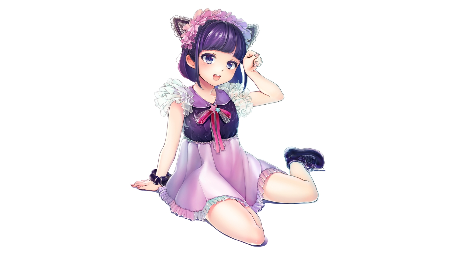 animal_ears, black_hair, blue_eyes, catgirl, dress, headdress, megumoke, original
