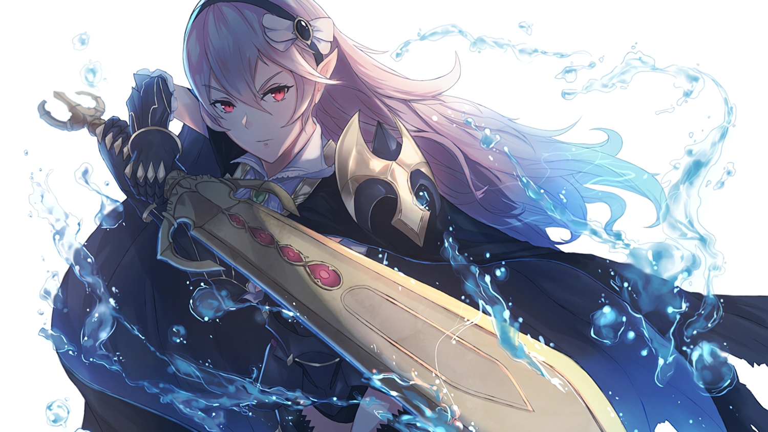 armor, cape, corrin_(fire_emblem)_(female), fire_emblem, headband, kachi, long_hair, pink_hair, pointed_ears, red_eyes, sword, water, weapon, white