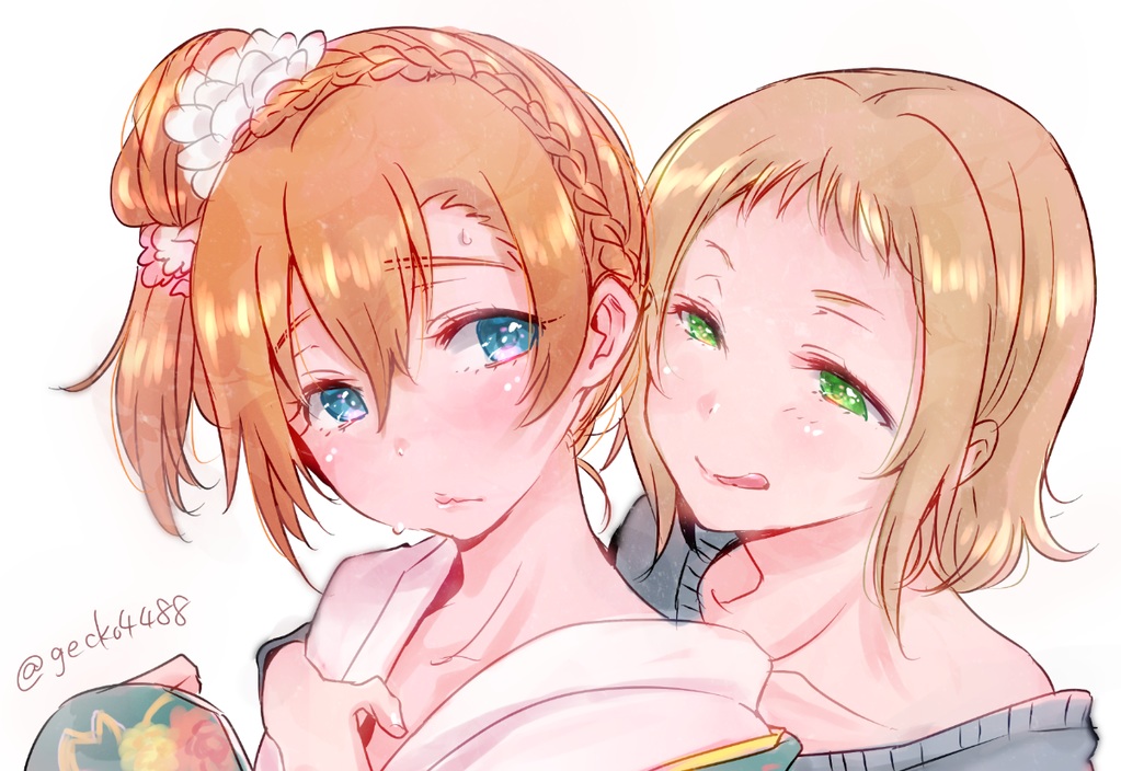 2girls, blue_eyes, blush, brown_hair, gecko4488, green_eyes, japanese_clothes, kimono, kira_tsubasa, kousaka_honoka, love_live!_school_idol_project, orange_hair, short_hair, shoujo_ai