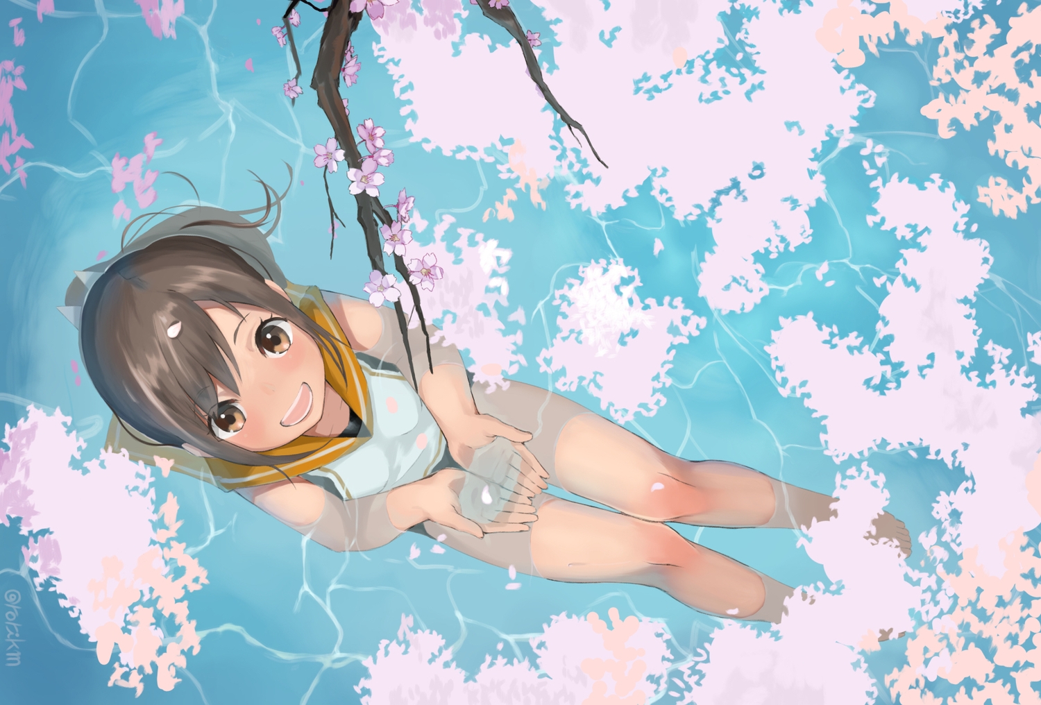 anthropomorphism, brown_eyes, brown_hair, cherry_blossoms, flowers, i-401_(kancolle), kantai_collection, long_hair, mugcup, ponytail, signed, water