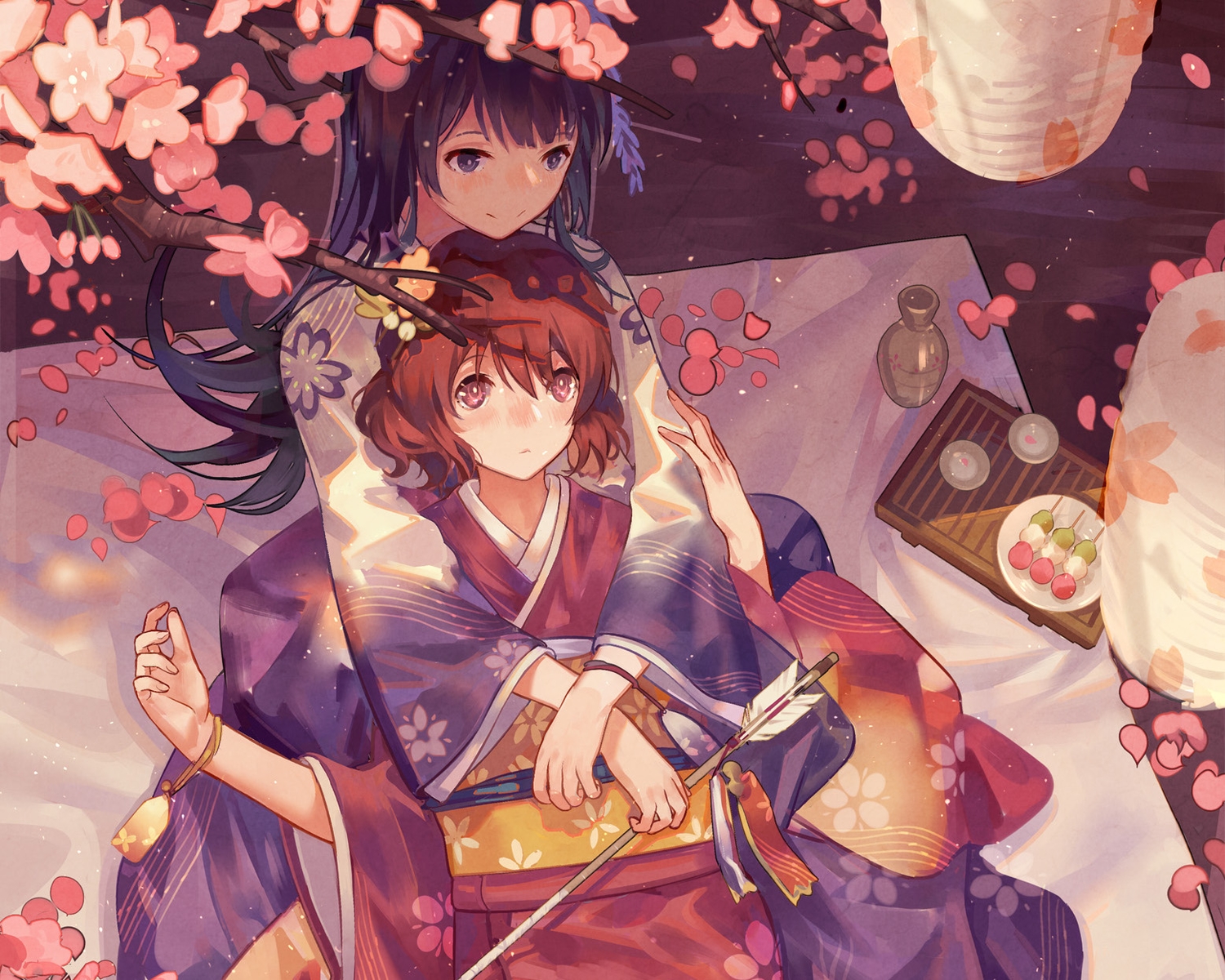 2girls, blue_eyes, blue_hair, brown_eyes, brown_hair, cherry_blossoms, cropped, flowers