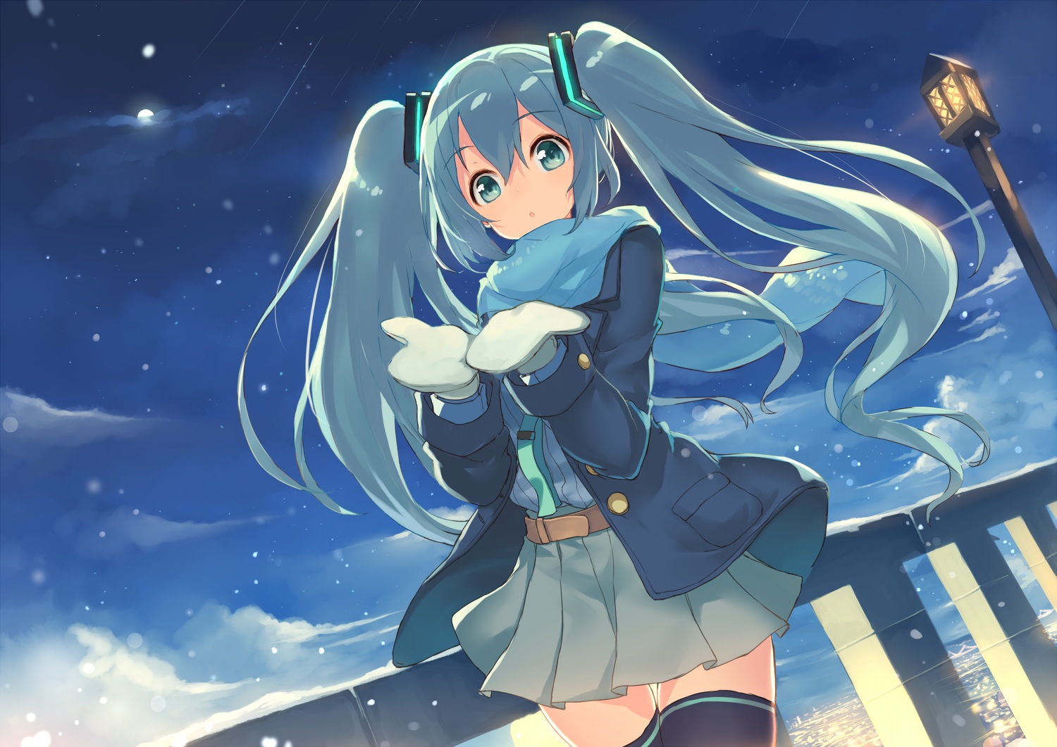 aqua_eyes, aqua_hair, clouds, gloves, hatsune_miku, kame^^, long_hair, night, scarf, skirt, snow, thighhighs, twintails, vocaloid, winter, zettai_ryouiki