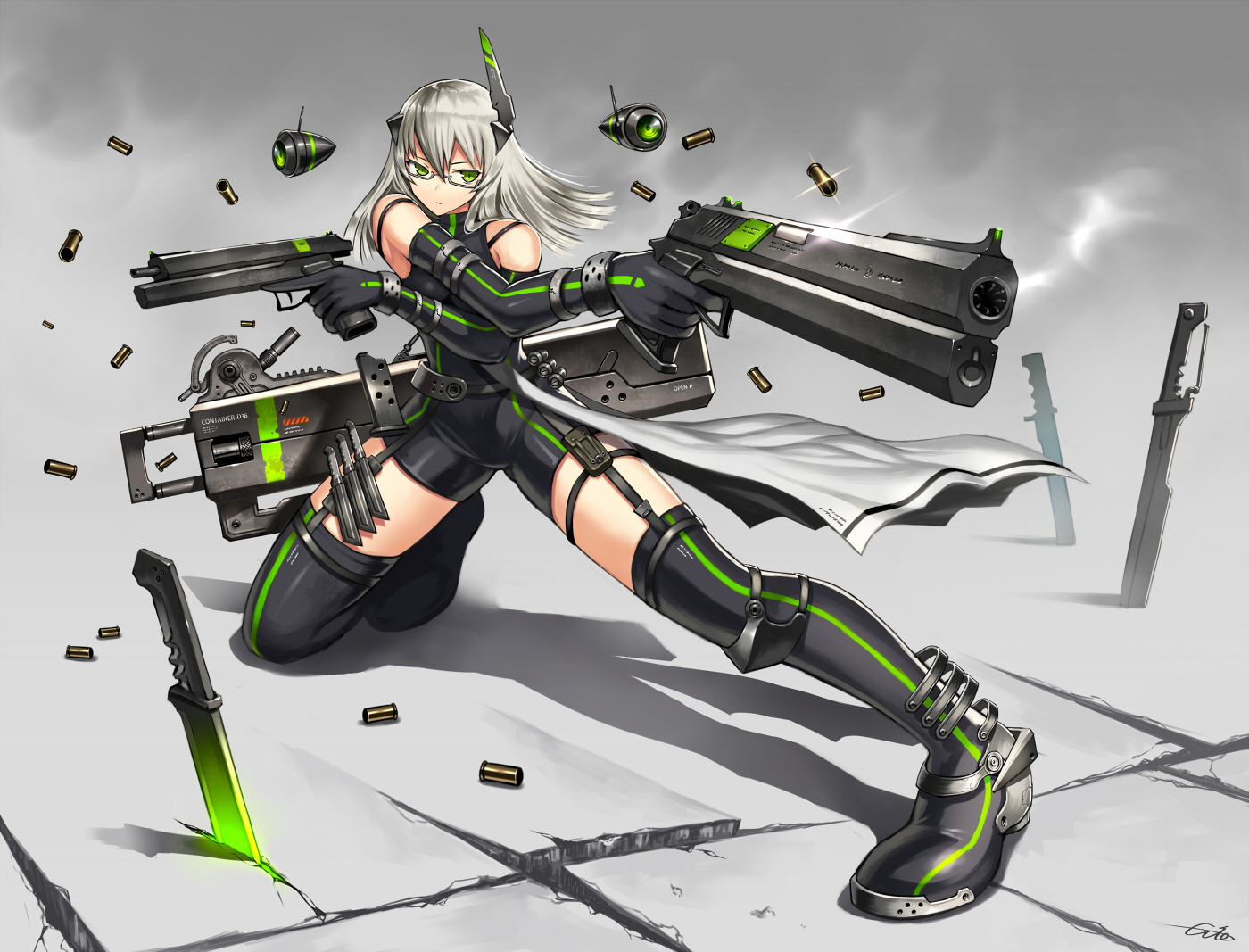bodysuit, boots, elbow_gloves, garter_belt, gia, glasses, gloves, gradient, gray_hair, green_eyes, gun, long_hair, original, signed, sword, thighhighs, weapon
