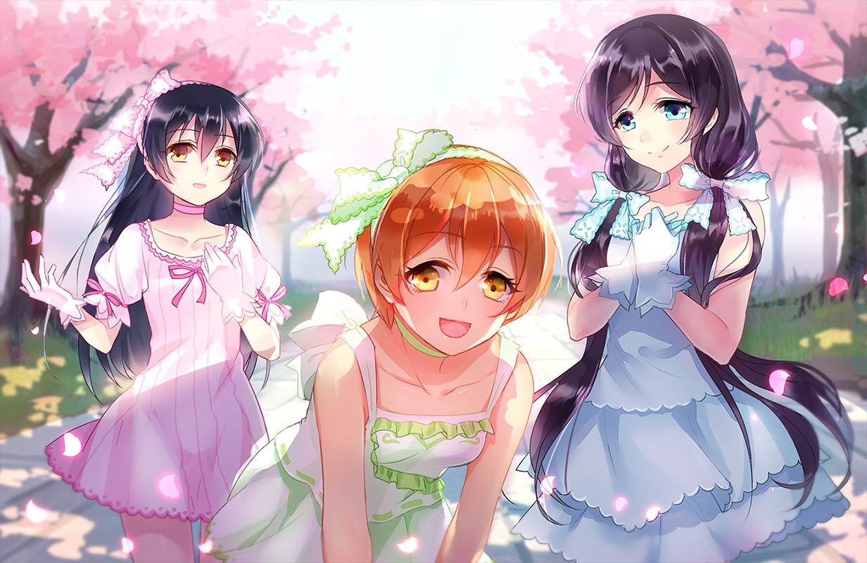 aqua_eyes, black_hair, bow, cherry_blossoms, choker, dress, flowers, gloves, headband, hoshizora_rin, long_hair, love_live!_school_idol_project, magicpants, orange_hair, short_hair, sonoda_umi, toujou_nozomi, tree, twintails, yellow_eyes