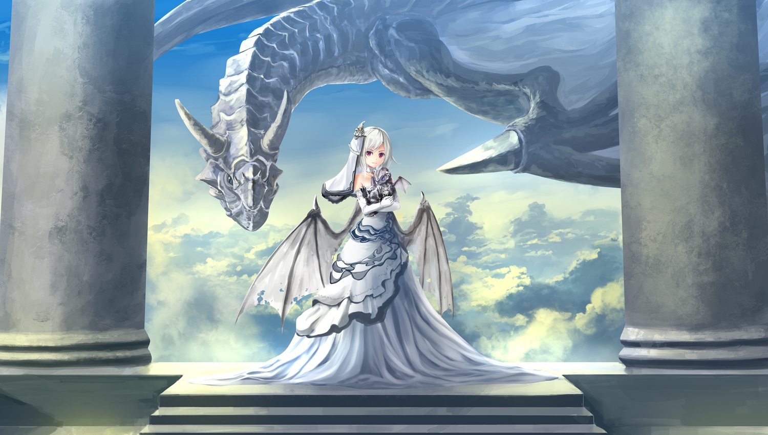 clouds, collar, dragon, dress, kouji_(astral_reverie), original, red_eyes, sky