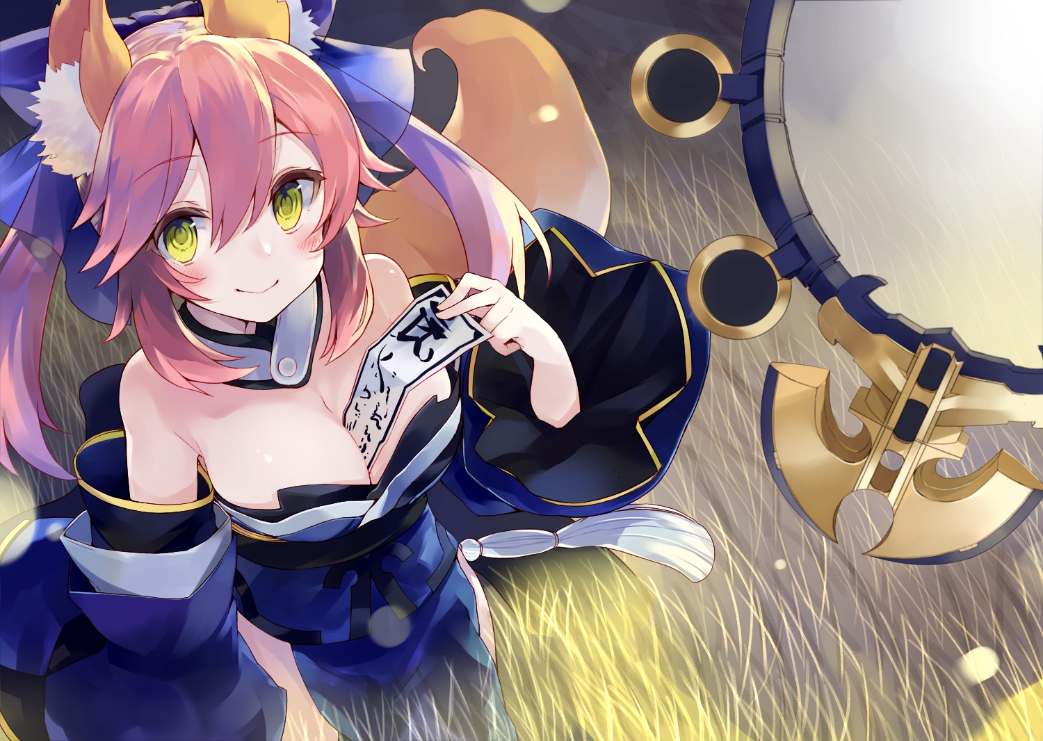 animal_ears, breasts, cleavage, fate/extra, fate_(series), fate/stay_night, foxgirl, grass, kou_mashiro, ofuda, pink_hair, tail, tamamo_no_mae_(fate)