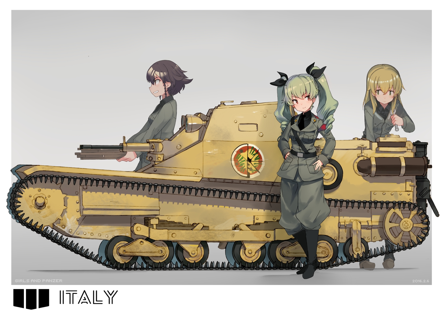 anchovy, carpaccio, combat_vehicle, girls_und_panzer, katsudansou, long_hair, military, pepperoni_(girls_und_panzer), short_hair, twintails, uniform