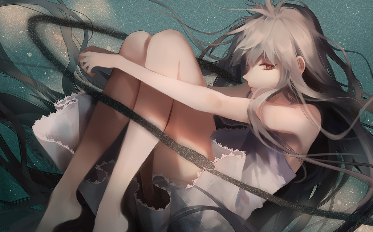barefoot, dress, gray_hair, long_hair, original, raito47, red_eyes