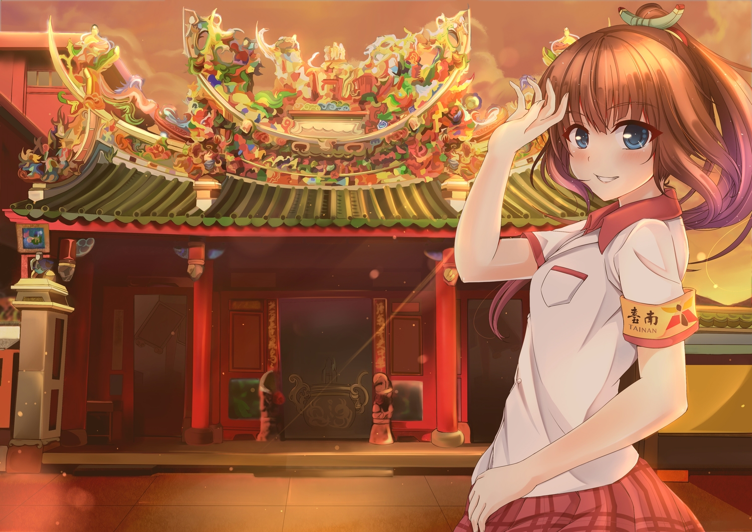 aliasing, blue_eyes, blush, brown_hair, building, gu_li, original, ponytail