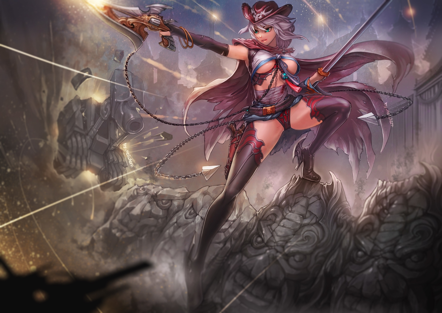 aqua_eyes, breasts, cape, chain, donne_anonime, elbow_gloves, gloves, gray_hair, hat, hellcherr, jpeg_artifacts, panties, sword, thighhighs, underboob, underwear, weapon, zoku_satsuriku_no_jango