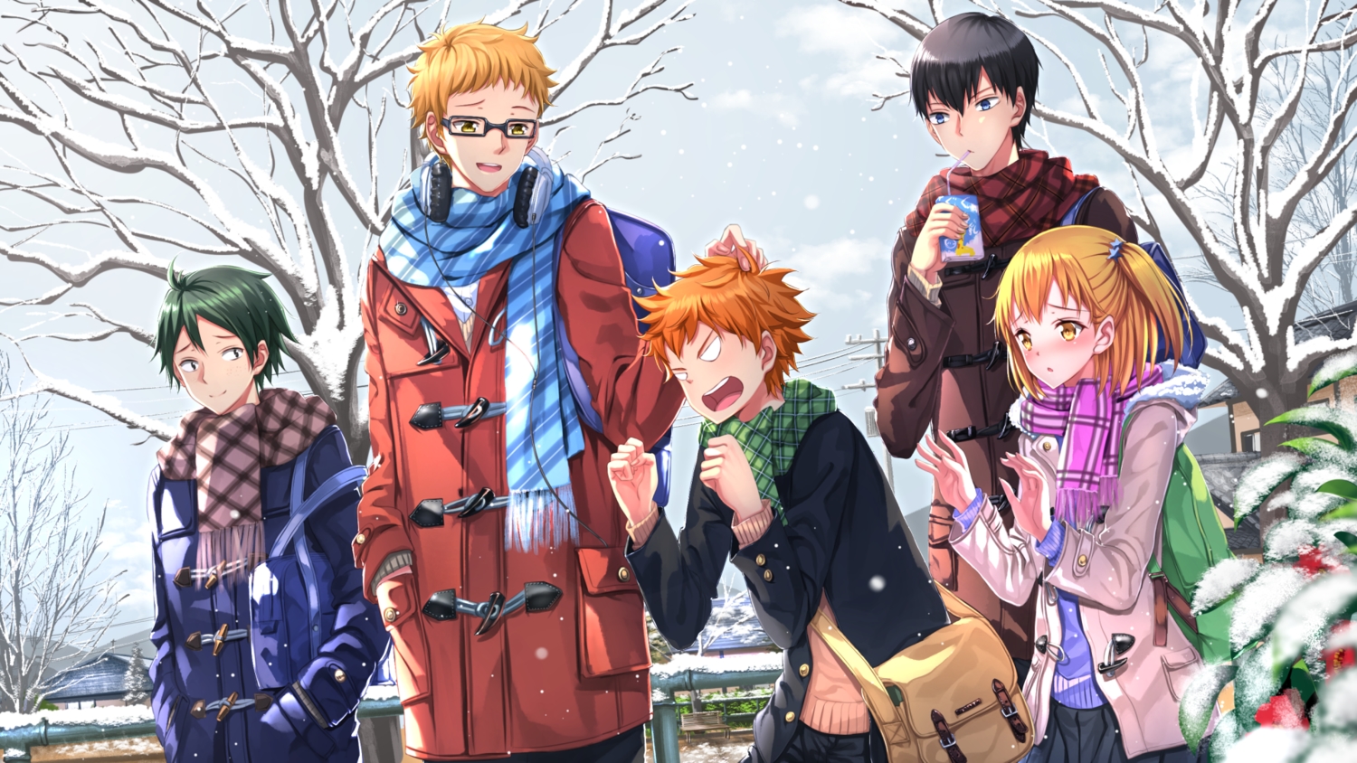 black_hair, blonde_hair, blue_eyes, building, glasses, green_hair, group, haikyuu!!