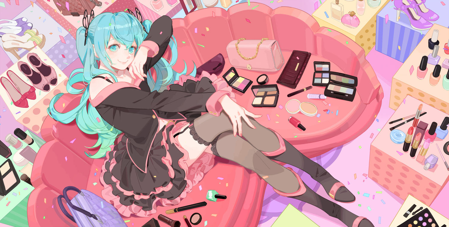 aqua_eyes, aqua_hair, boots, garter_belt, hatsune_miku, long_hair, p0ckylo, skirt