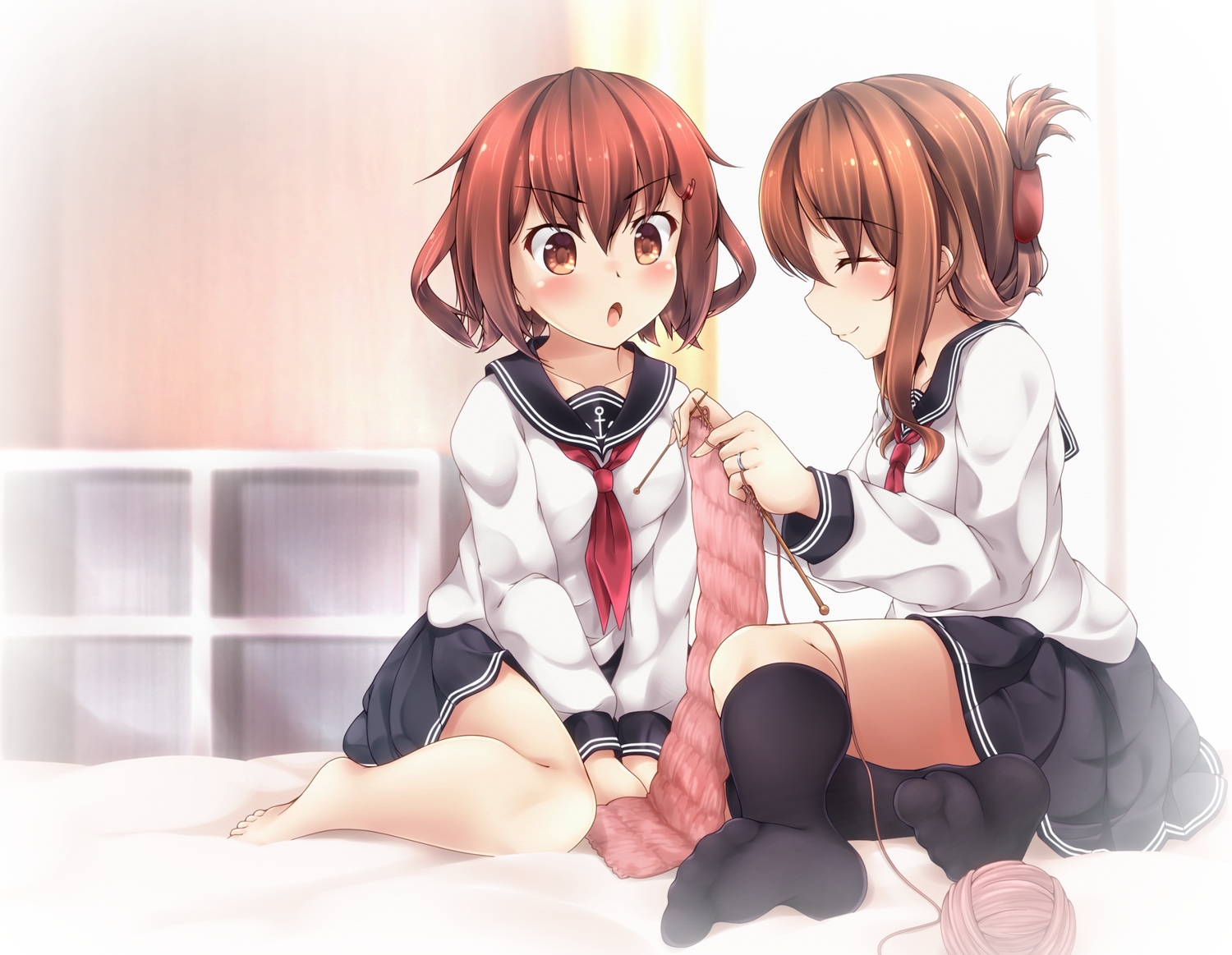 2girls, anthropomorphism, barefoot, blush, brown_hair, ikazuchi_(kancolle), inazuma_(kancolle), kantai_collection, kneehighs, school_uniform, utahane_w