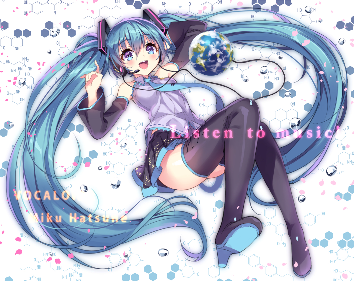 aqua_eyes, aqua_hair, boots, earth, hatsune_miku, headphones, long_hair, planet