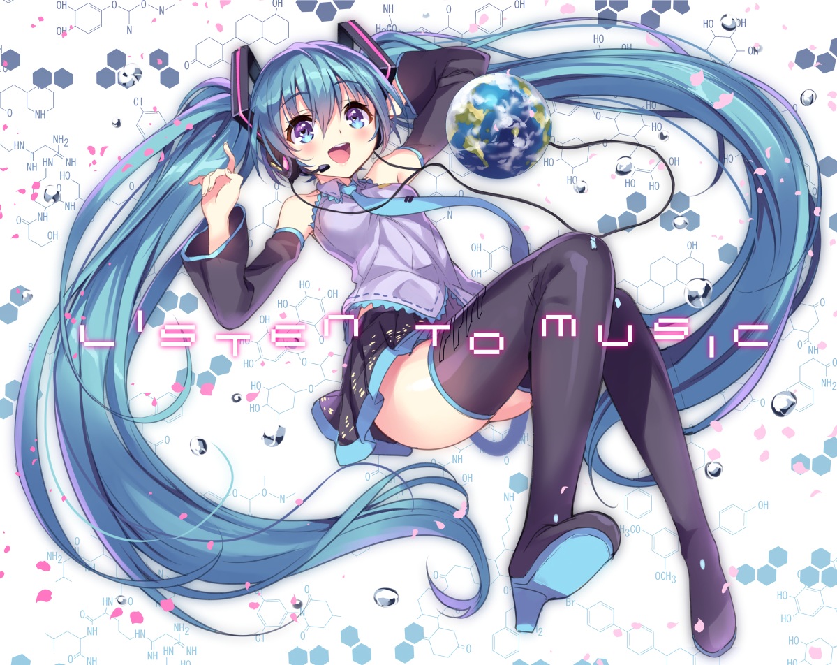 aqua_eyes, aqua_hair, boots, earth, hatsune_miku, headphones, long_hair, planet