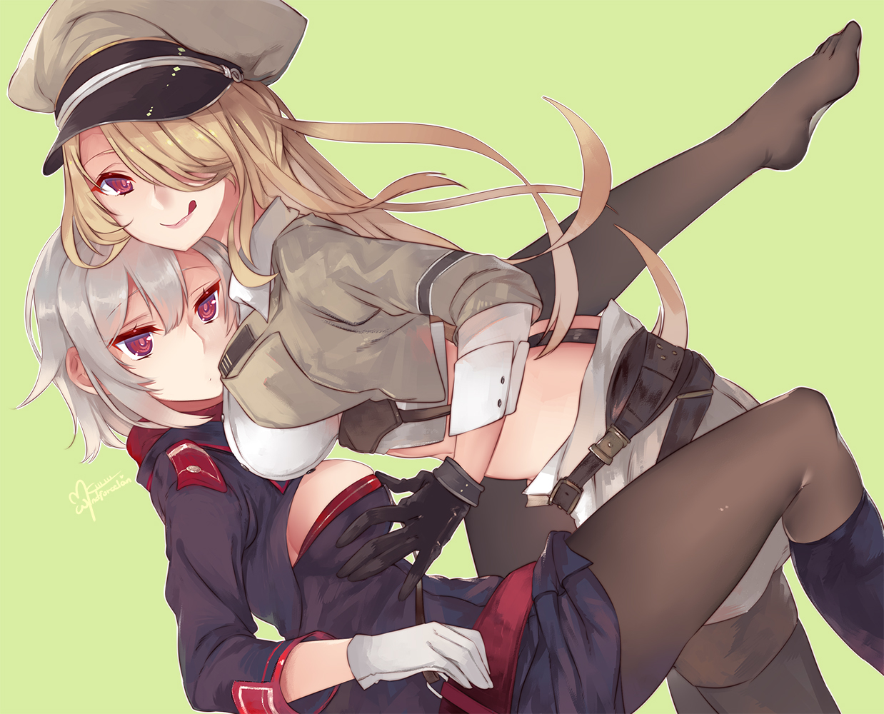 2girls, blonde_hair, boots, breasts, gloves, gray_hair, green, hat