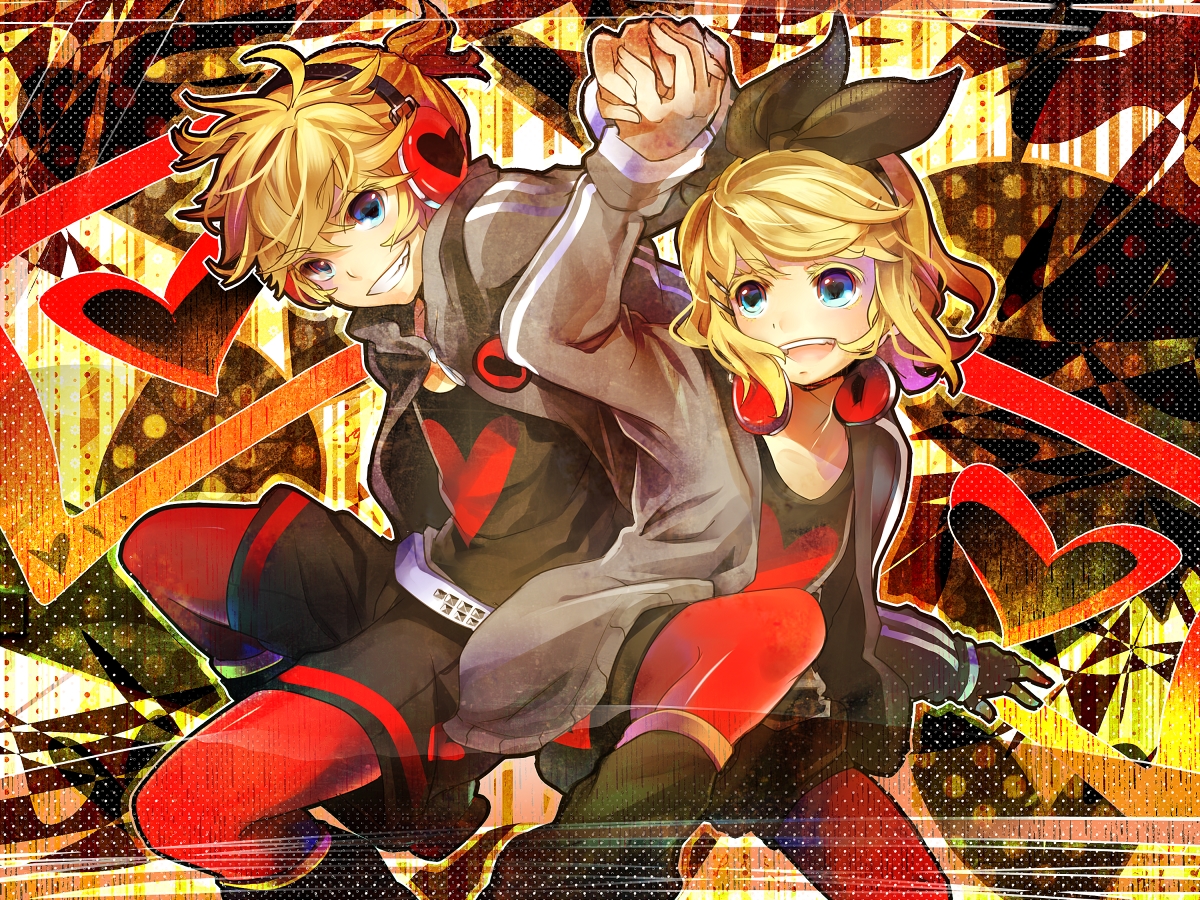 blonde_hair, blue_eyes, headband, headphones, heart, kagamine_len, kagamine_rin, lulu_season