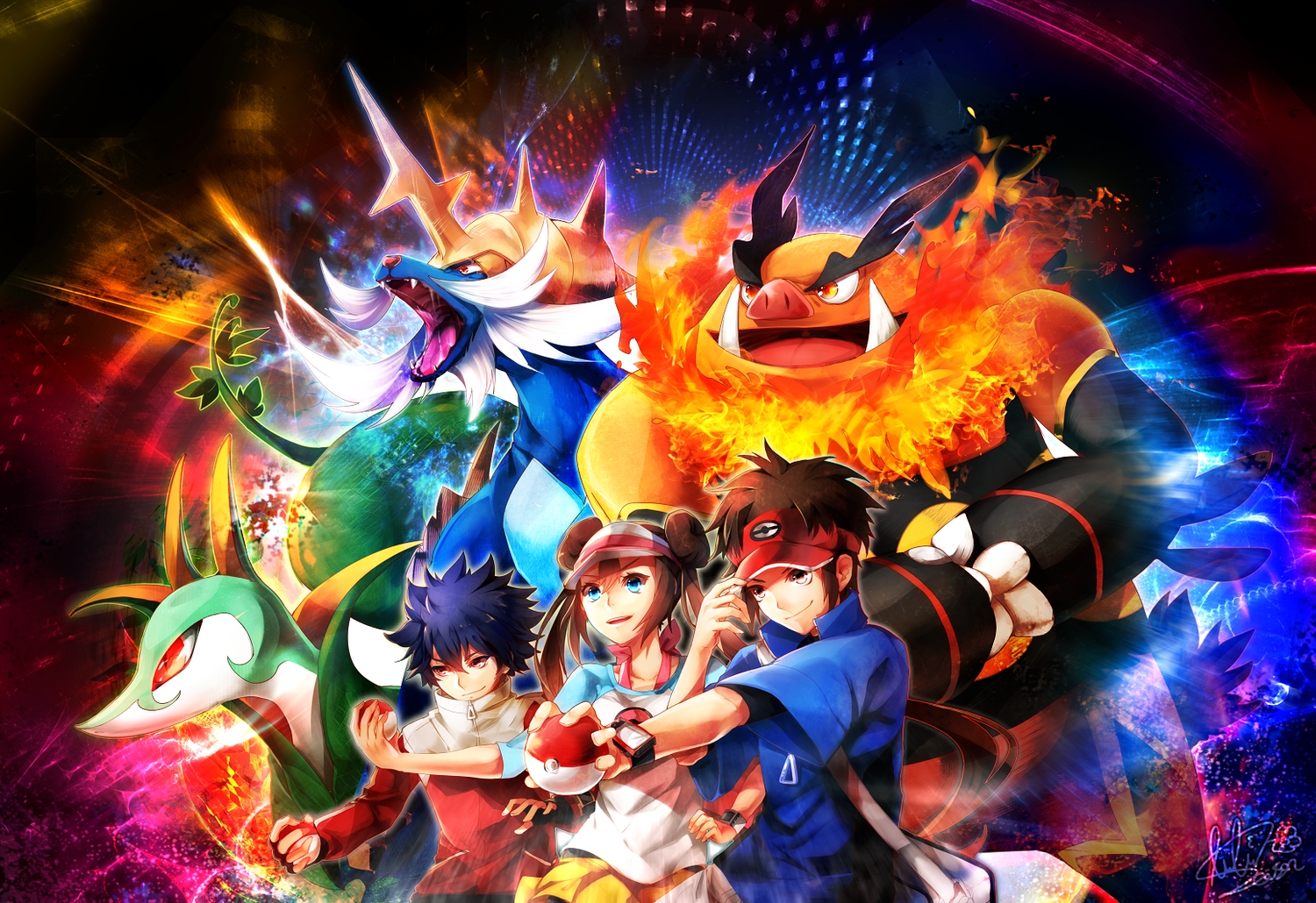 aqua_eyes, black_hair, brown_eyes, brown_hair, emboar, hat, hue_(pokemon), kyouhei_(pokemon)