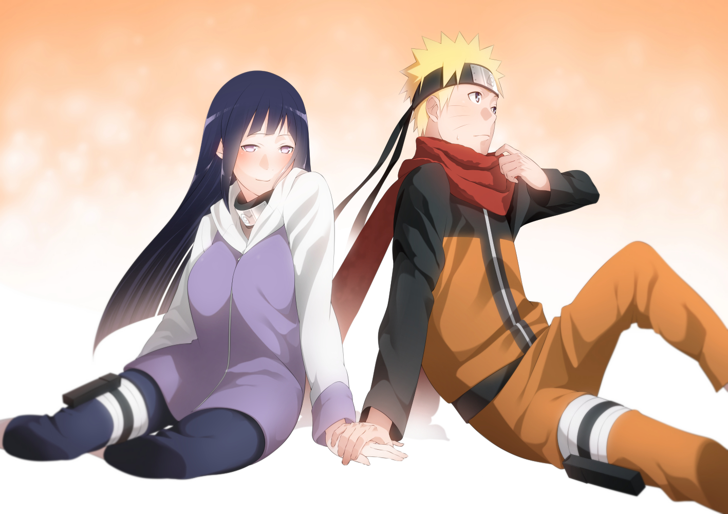 black_hair, blonde_hair, gradient, headband, hood, hyuuga_hinata, long_hair, male, mido_(mimizuku-hukuro), naruto, scarf, short_hair, uzumaki_naruto