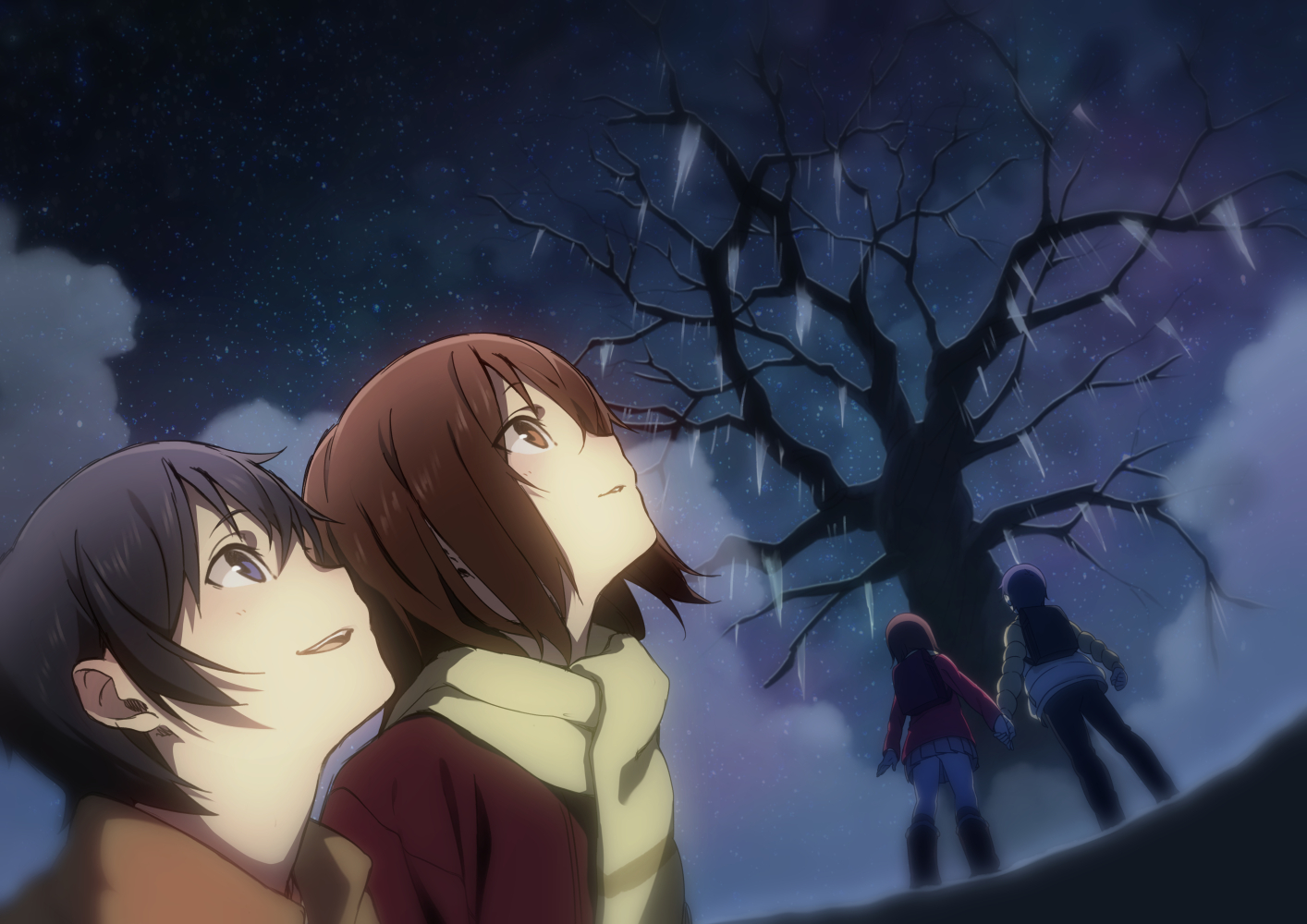 black_hair, blue_eyes, boku_dake_ga_inai_machi, brown_eyes, brown_hair, fujinuma_satoru, hinazuki_kayo, male, mido_(mimizuku-hukuro), night, scarf, short_hair, stars, tree, winter