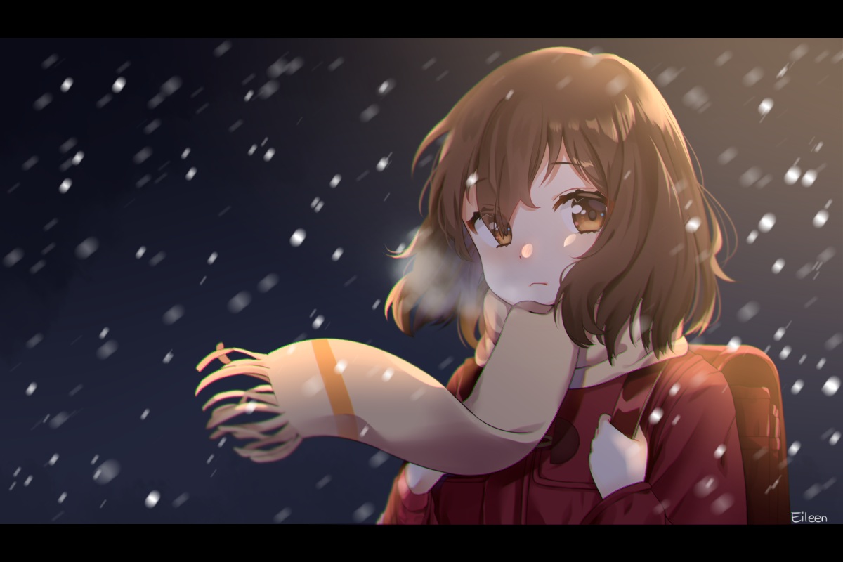 boku_dake_ga_inai_machi, brown_eyes, brown_hair, eileen_(jmsc2300), hinazuki_kayo, scarf, short_hair, signed