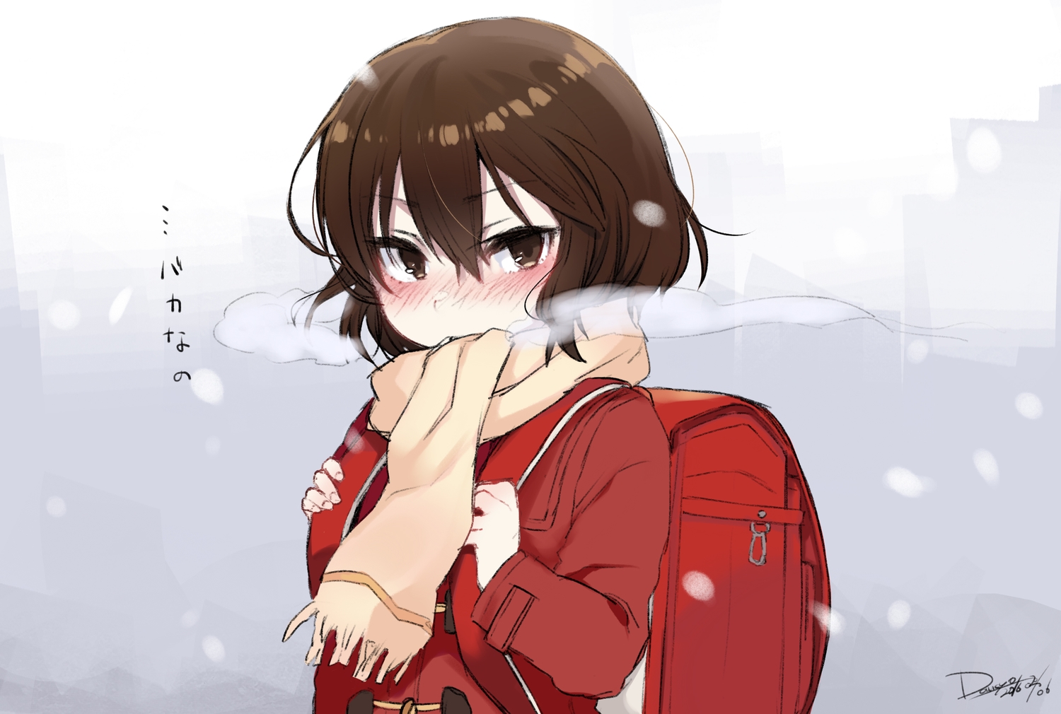 blush, boku_dake_ga_inai_machi, brown_eyes, brown_hair, dancho_(dancyo), hinazuki_kayo, scarf, short_hair